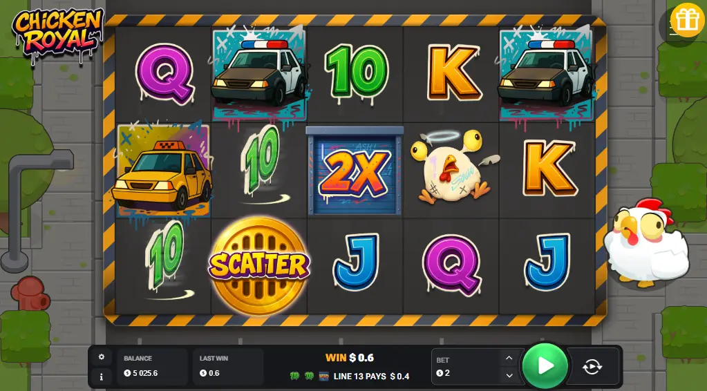 Chicken Royale slot demo - interfaccia veloce con rulli 5x3 e simboli wild